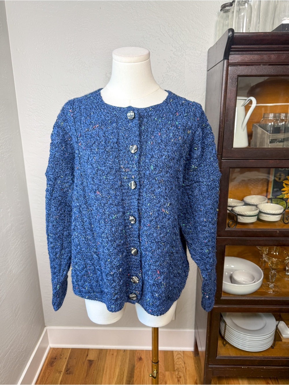 Carraig Donn Ireland 100% Wool Blue Donegal Aran Cable Knit Cardigan Size M
